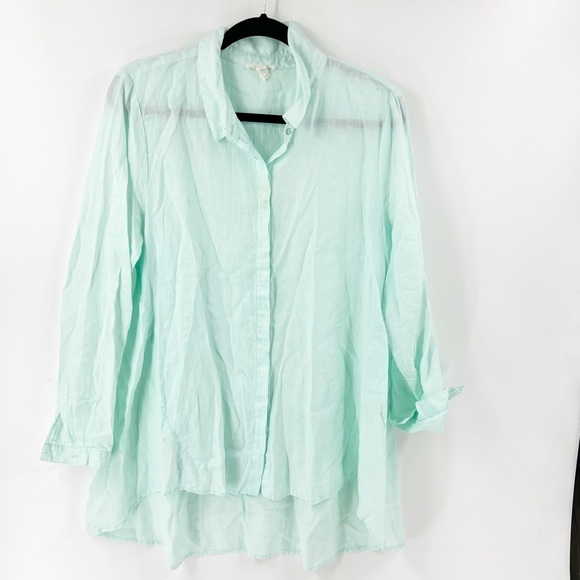 ✅  Eileen Fisher Women's Long Sleeve Linen Button Up Shirt Teal Size MEDIUM - Picture 1 of 5